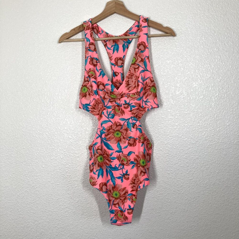 Tori Praver One Piece Swimsuit Womens Large Pink Floral Cutout Monokini Tropical